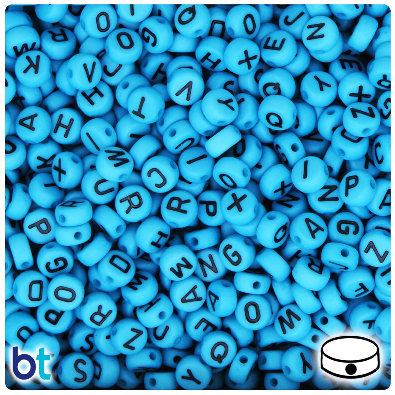 BeadTin Turquoise Opaque 7mm Coin Plastic Alpha Beads - Black Letter Mix (250pcs)